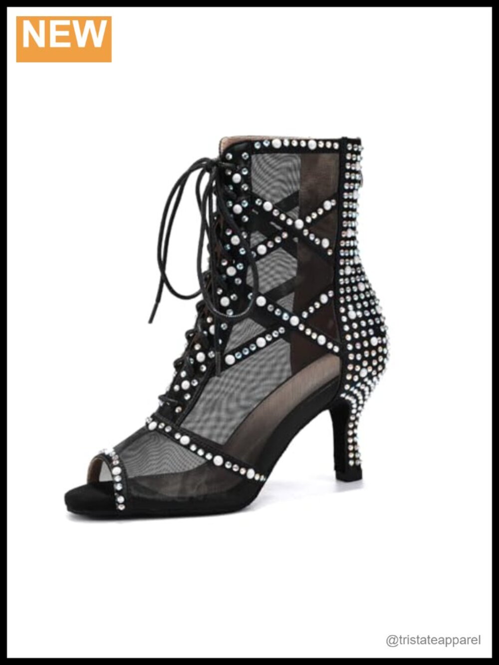Satin mesh rhinestone open toe 3" heel dance shoes